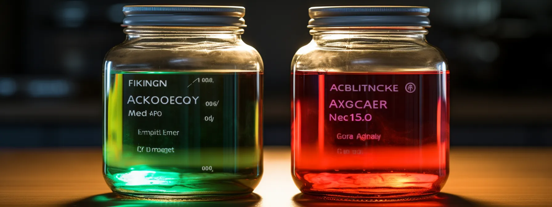 two glass jars filled with different colored liquids, one red and one green, labeled "aerobic" and "anaerobic," respectively.