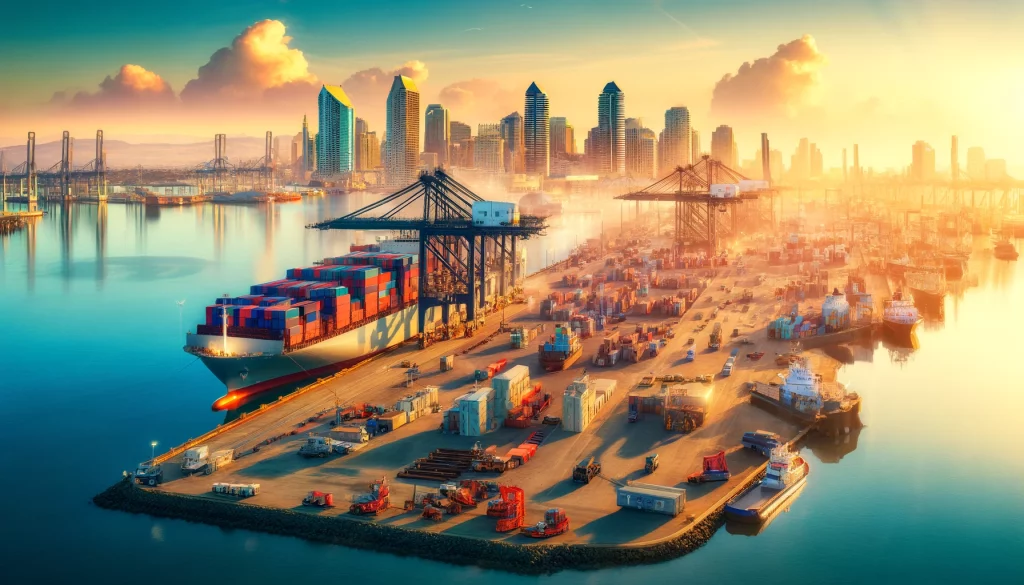 San Diego port bustling with international trade activity, featuring cargo ships, cranes, and the city's skyline.
