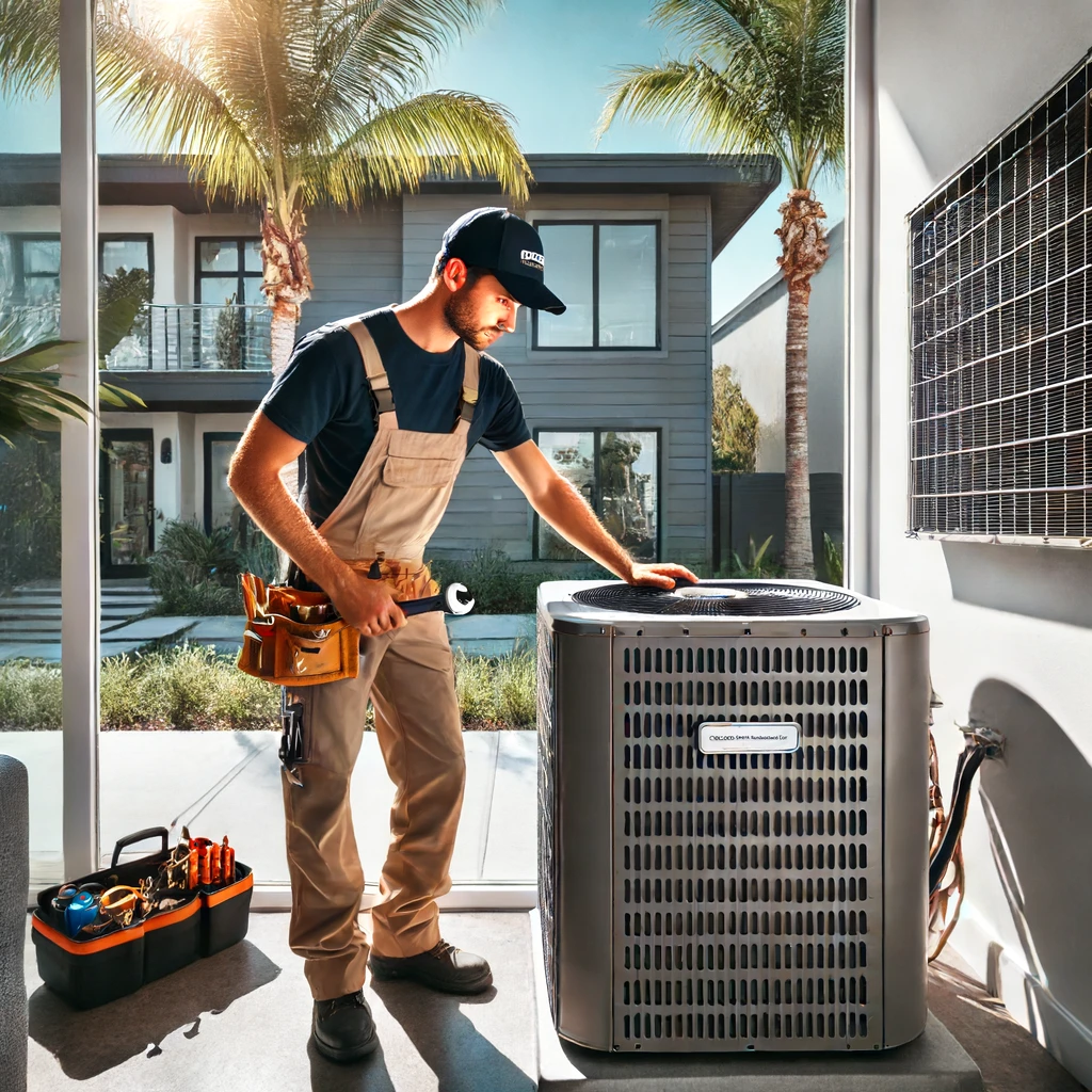 Technician repairing an outdoor air conditioner unit at a modern San Diego home, with palm trees visible in the background and the home’s sleek exterior.